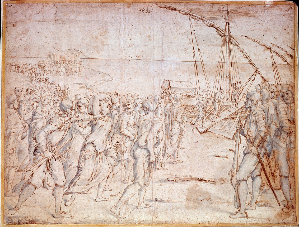 Moriskien karkottaminen Espanjasta (Espanjan muslimit, jotka väkisin käännytettiin katolilaisuuteen) Espanjan Filip III:n allekirjoituksen jälkeen sopimuksen 22.9.1609. Piirustus Vincencio Carducho (1576-1638) tekijältä Vicente Carducho