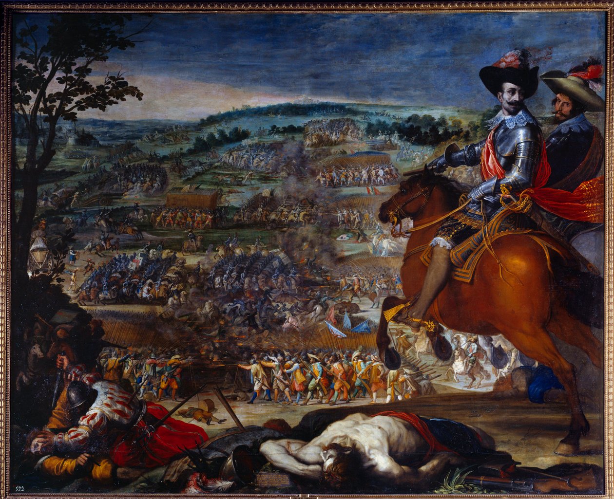 Kolmikymmenvuotinen sota: 1618-1648. "Fleuruksen taistelu vuonna 1622." Se vastustaa Christian de Brunswickin ja Ernst von Mansfeldin protestanttisia joukkoja espanjalaista armeijaa vastaan, jota johti Gonzalo Fernandez de Cordoban edustaja oikealla. Maala tekijältä Vicente Carducho