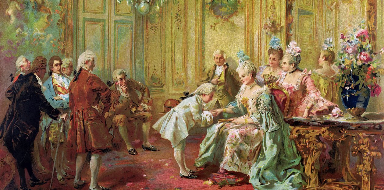 Wolfang Amadeus Mozart (1756-1791) Madame (Marquise) de Pompadourissa (Mozartin perhe, Euroopan-kiertueen aikana) (1763-1766) - Akateeminen taide: Paredes esitteli nuoren Mozartin Madame de Pompadourille Versailles