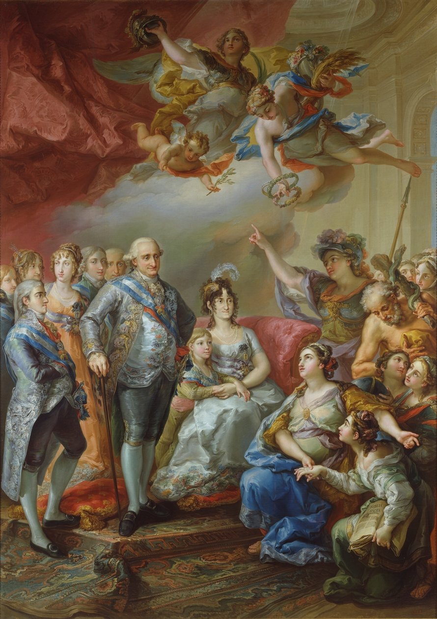 Espanja: Kaarle IV:n ja hänen perheensä vierailun muistoksi Valencian yliopistoon vuonna 1802. Kaupungin kirjallisuusyliopisto lahjoitti monarkille tämän maalauksen, jossa yliopisto itse, nuorena matrikkana, esittelee hallitsijalle tekijältä Vicente López Portaña
