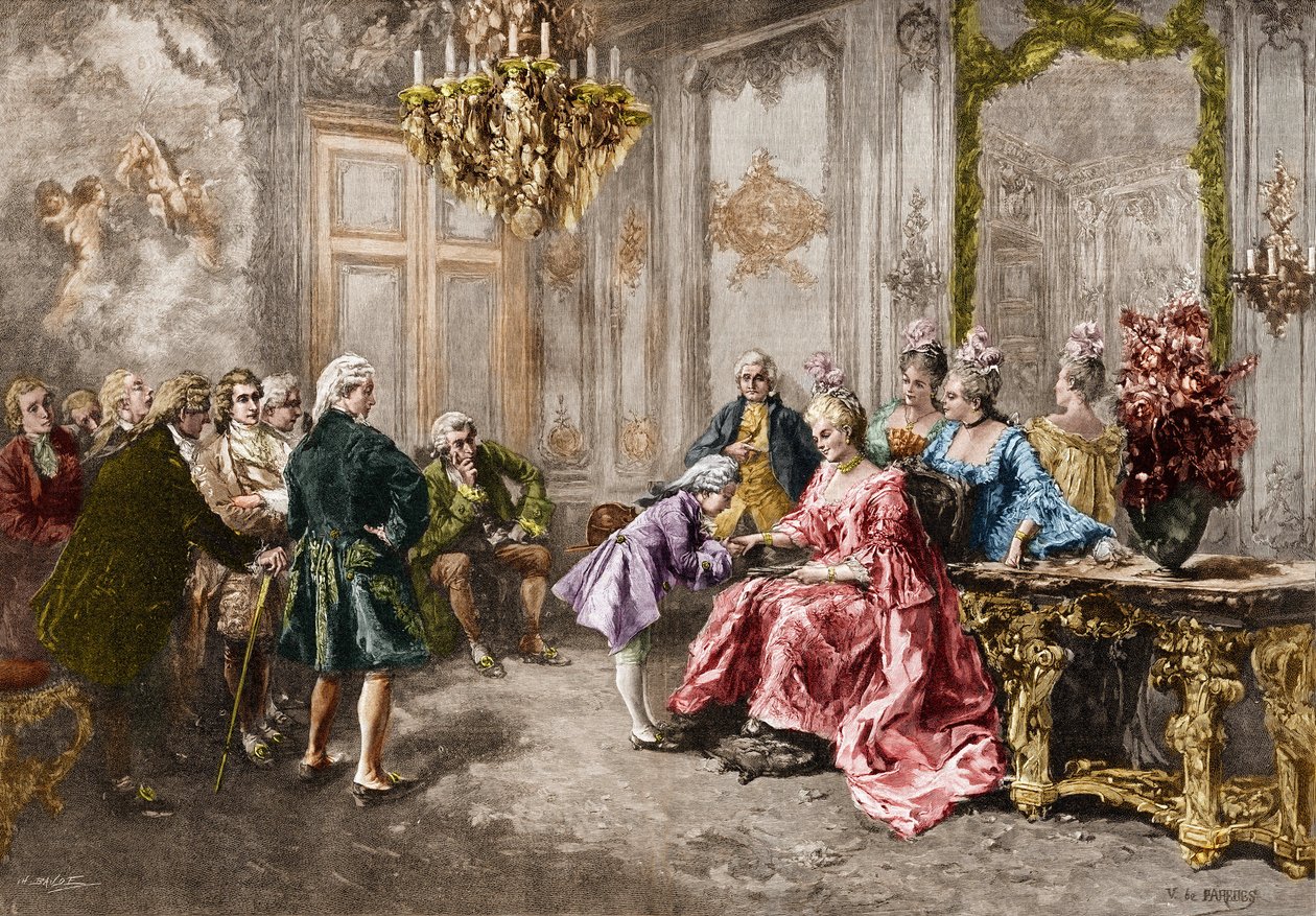 Wolfgang Amadeus Mozart (1756-1791) Madame (Marquise) de Pompadourissa (Mozartin perhe Euroopan kiertueen aikana) (1763-1766). Kaiverrus M. V. de Paredesin maalauksen jälkeen. tekijältä Vicente de (after) Paredes