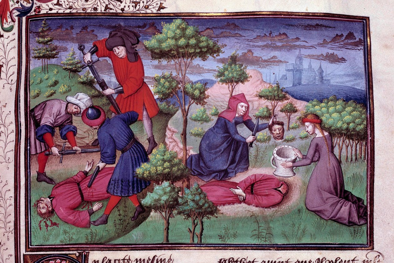 Kahden miehen murhapaikka, joilta murhaajat katkaisivat päänsä. Italialaisen kirjailijan Giovanni Boccaccio dit Jean Boccacen (1313-1375) "Decameron" -käsikirjoituksen ranskankielinen sivu Manselin mestarin valaisemana. 1450. Pariisi, Arsenaalin kirjasto tekijältä Vicente de Paredes