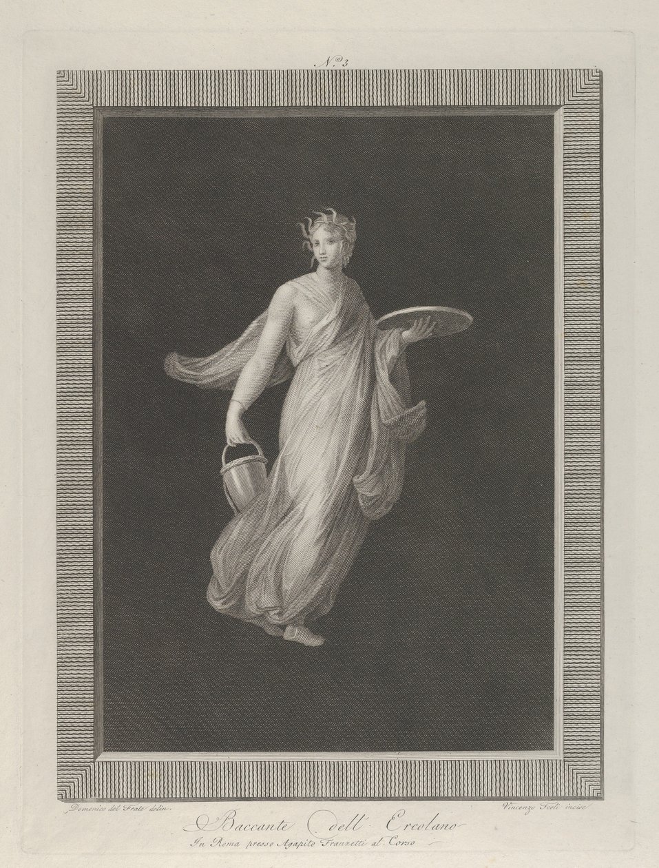 Osittain alaston bacchante pitelee kiekkoa kohotetussa vasemmassa kädessään ja ämpäri h..., n. 1795-1820 tekijältä Vicenzo Feoli