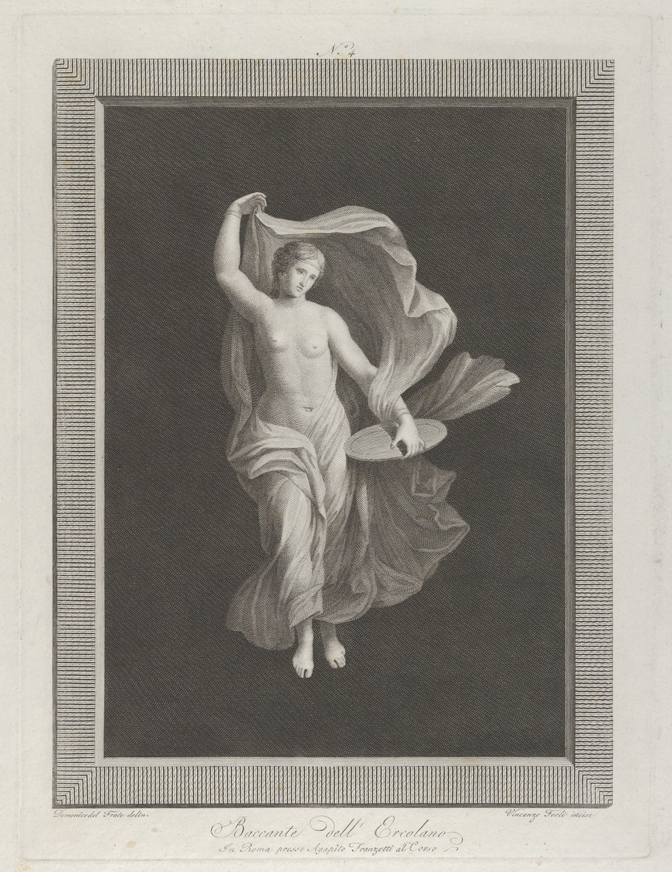 Osittain alaston bacchante pitelee levyä vasemmassa kädessään ja kohottaa vaatteitaan ..., n. 1795-1820 tekijältä Vicenzo Feoli