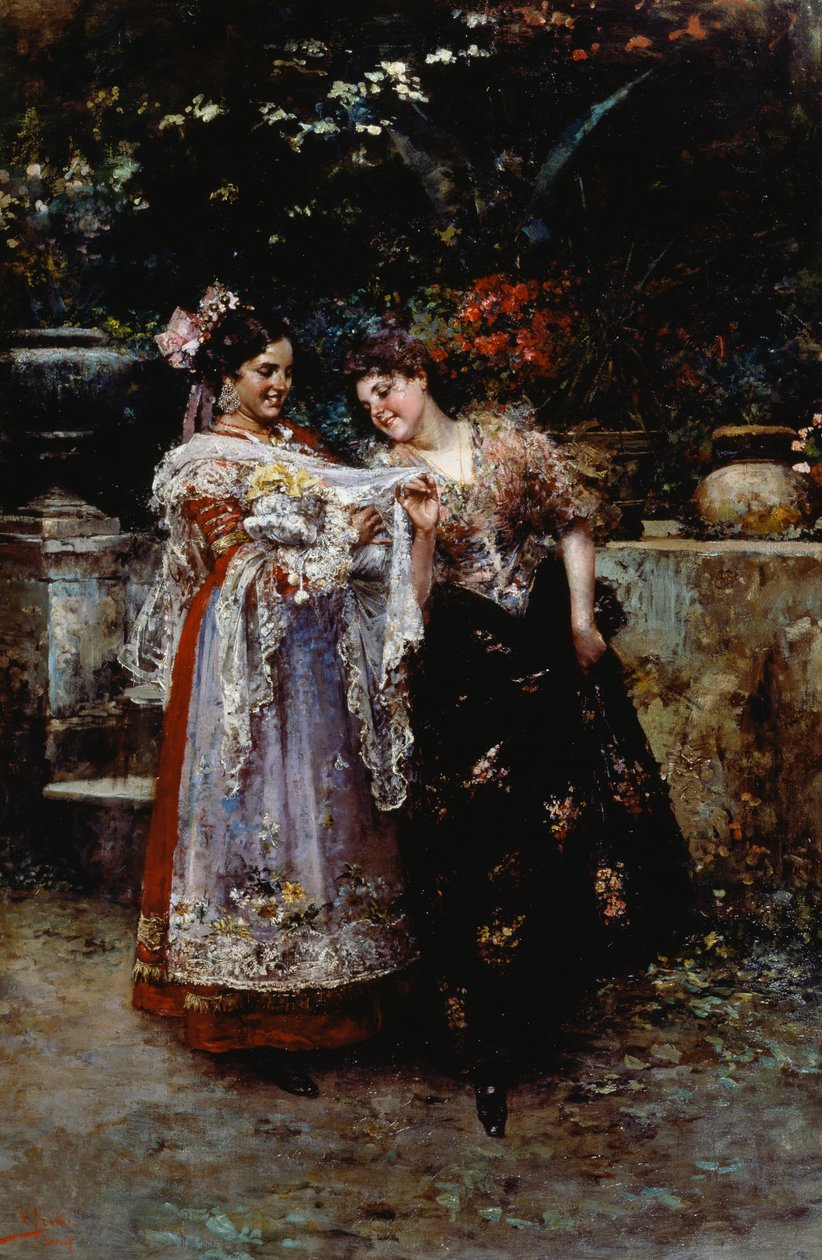 Kaunis pitsi (Kaksi naista vastasyntyneen vauvan kanssa), Vincenzo Irolli (1860-1949), öljy kankaalle tekijältä Vicenzo Irolli