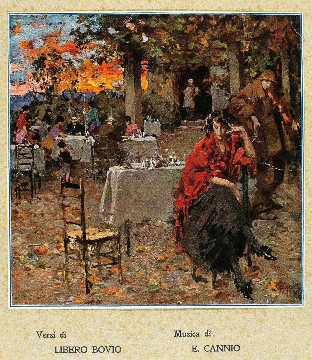 Ulkoravintola, kuvitus napolilaisten laulujen kokoelmalle. Italia, 1900-luku. (kuva) tekijältä Vicenzo Irolli