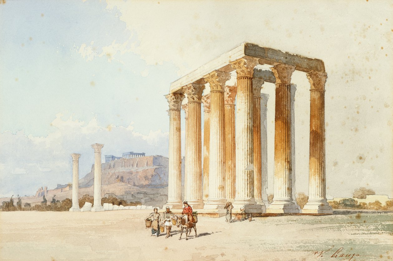 Zeuksen temppeli ja Akropolis, Parthenon, Ateena (akvarelli ja vartaloväri) tekijältä Vicenzo Lanza