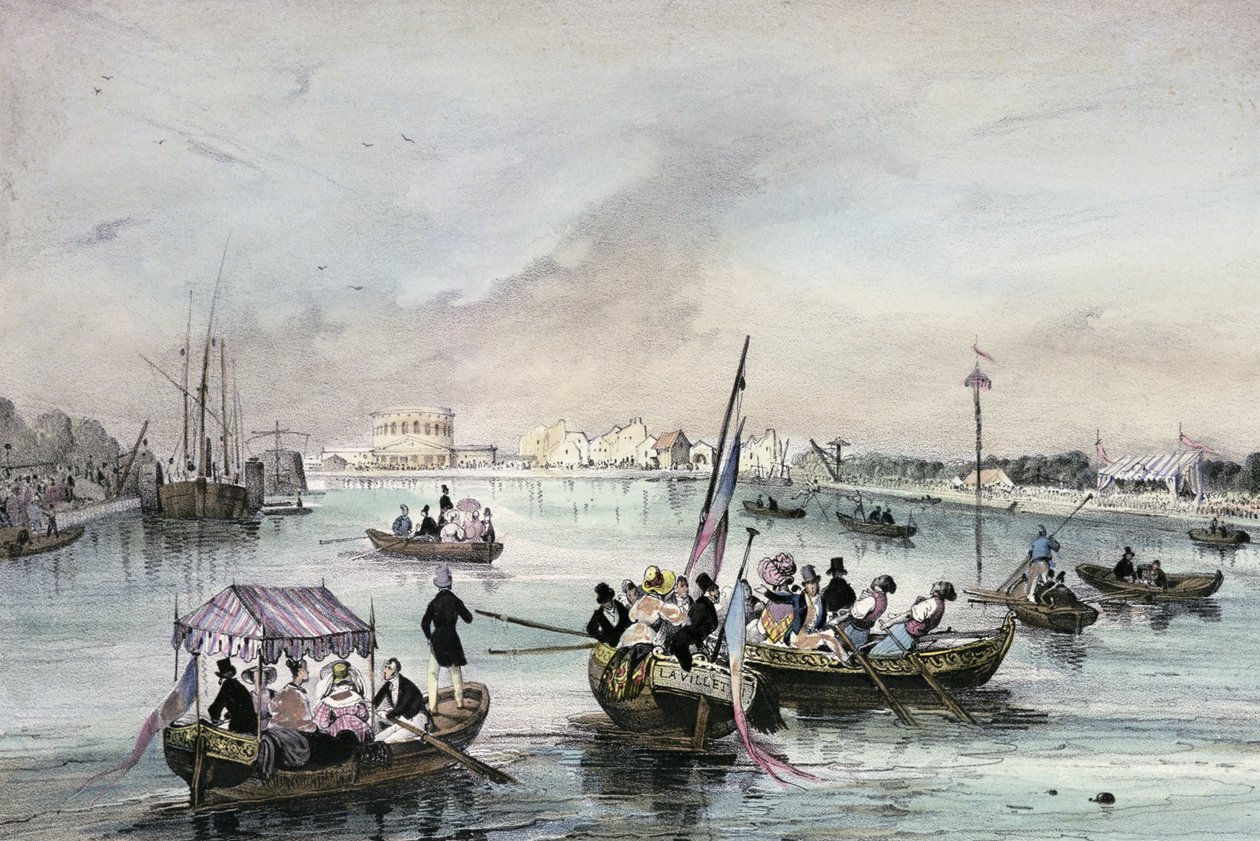 Joustotapahtuma vedessä, "Paikalliset juhlat Pariisin ympäristössä", sarja, 1830, La Villette. tekijältä Victor Adam