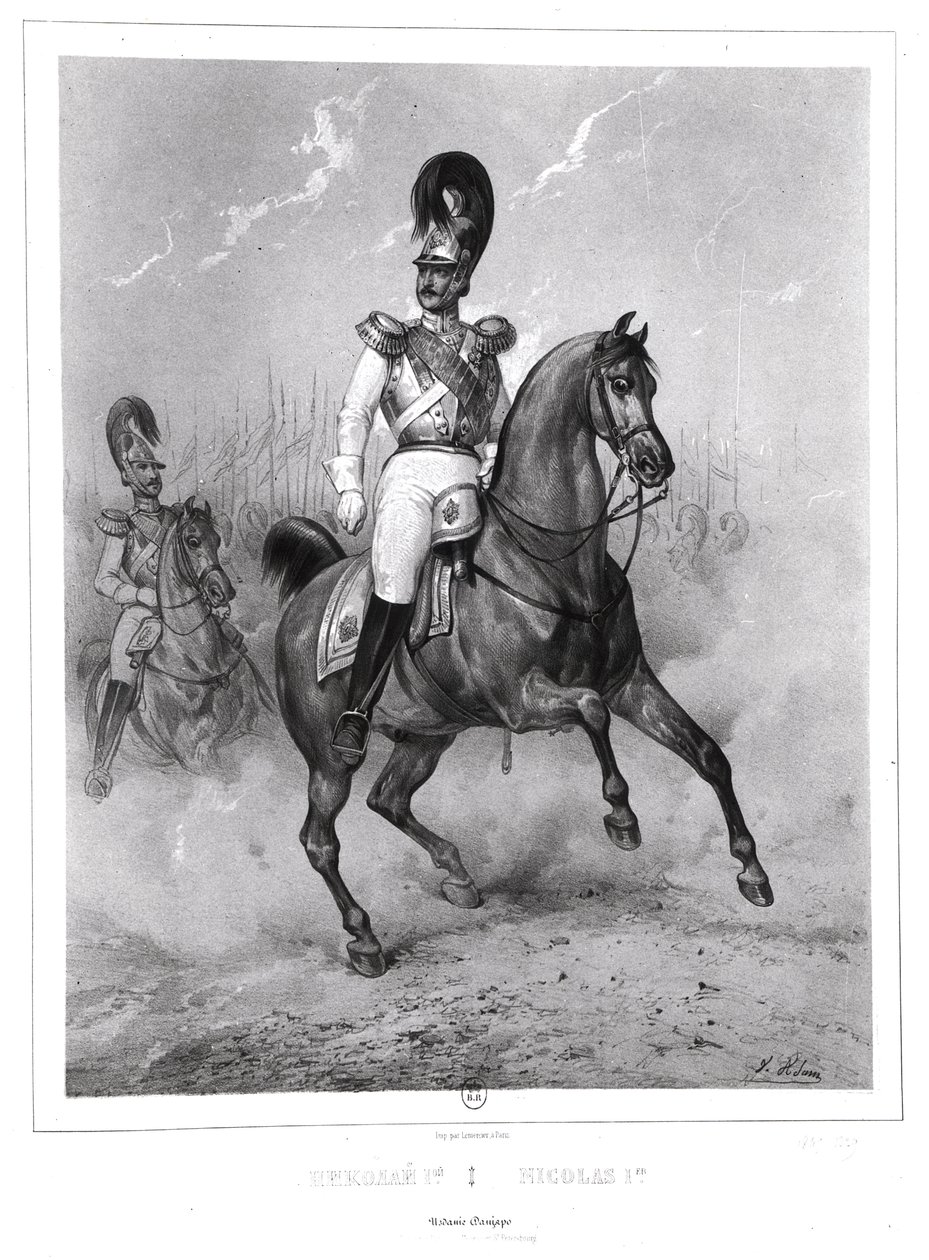 Muotokuva Nikolai I Pavlovichista (1796-1855) hevosen selässä armeijansa kanssa tekijältä Victor Adam