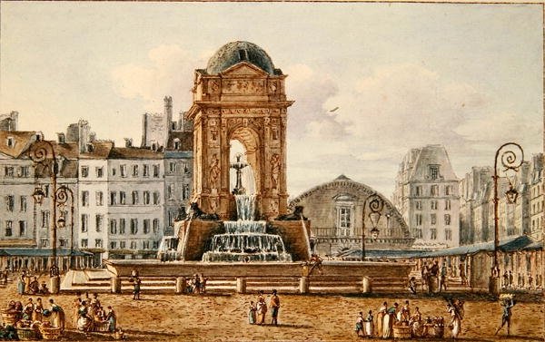 Näkymä paikalle ja suihkulähteelle Marche des Innocentsissa, Pariisissa, n. 1810 (wc paperilla) tekijältä Victor Jean Nicolle
