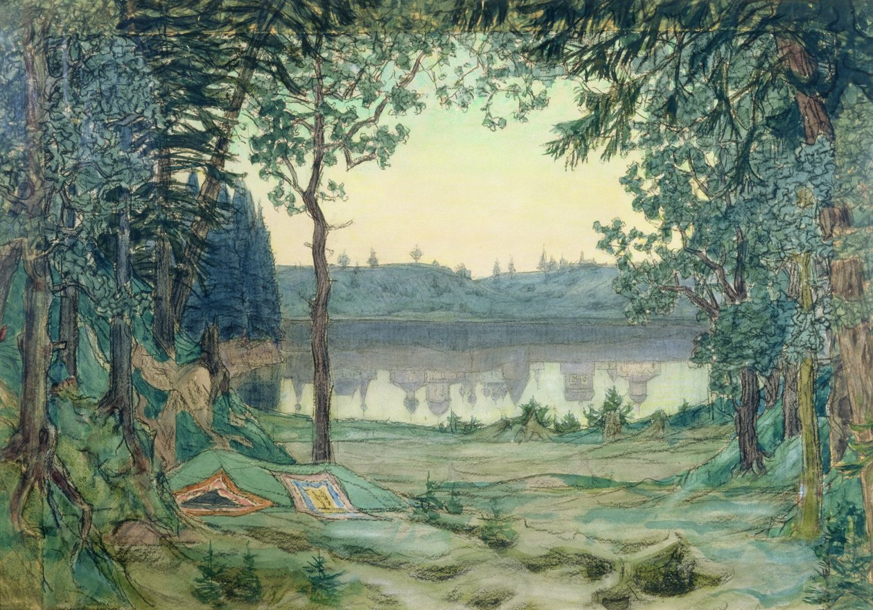 Lavastus Rimski-Korsakovin "Legend of the Invisible Town Kitezh", 1907 (wc, hopea ja pronssi paperilla) tekijältä Victor Mikhailovich Vasnetsov