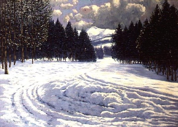 Rekijäljet lumisella aukiolla tekijältä Victor Olgyai
