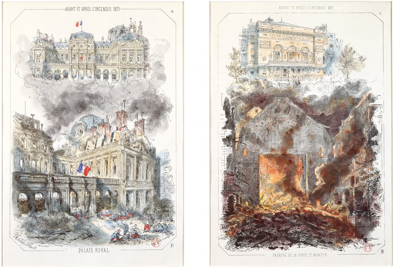 Palais Royal ja Theater de la Porte Saint-Martin ennen ja jälkeen vuoden 1871 tulipalon tekijältä Victor after Coindre