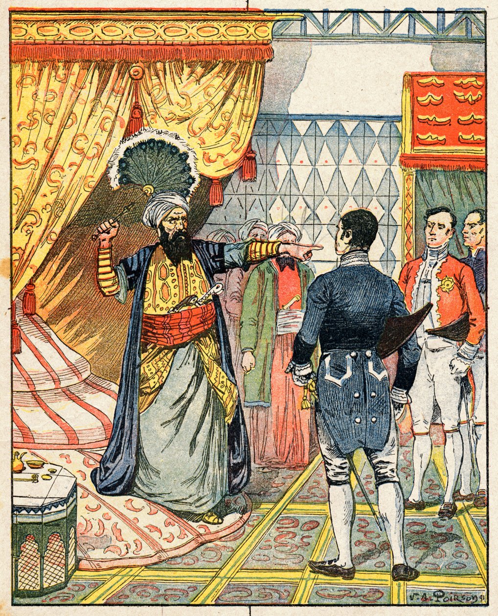 Algerin Dey, Hussein ibn El Hussein lyö Ranskan suurlähettiläs M. Devalia tuulettimella tekijältä Victor Armand Poirson