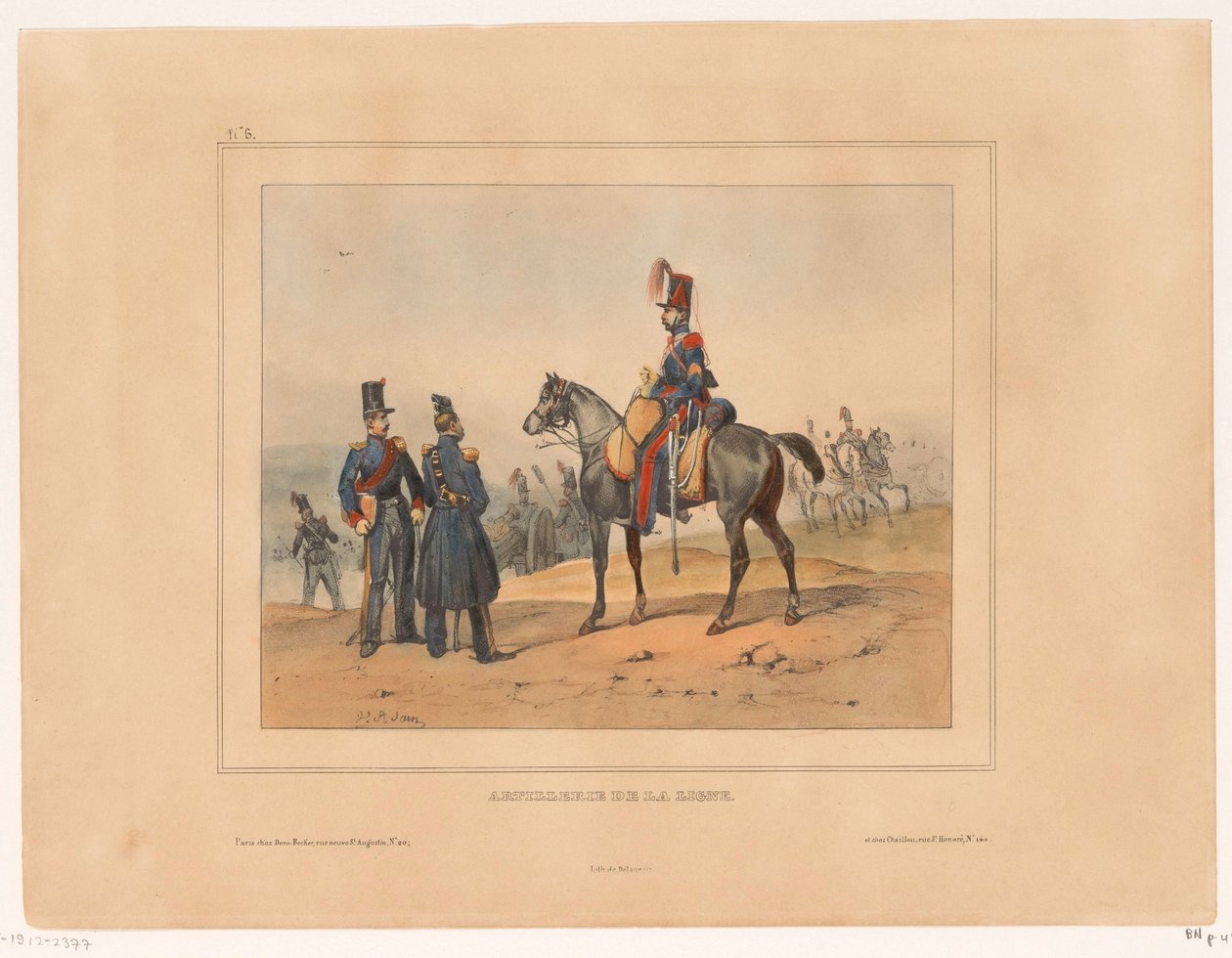 van de Linie tykistö Linjatykistö (otsikko esineessä) Military rangen en kostuums van het Franse leger vuonna 1832 (sarjan nimi) Kokoelma sotilasasuja, Ranskan armeija 1832, edustettuna genre-aiheissa (sarjan nimi) tekijältä Victor Adam