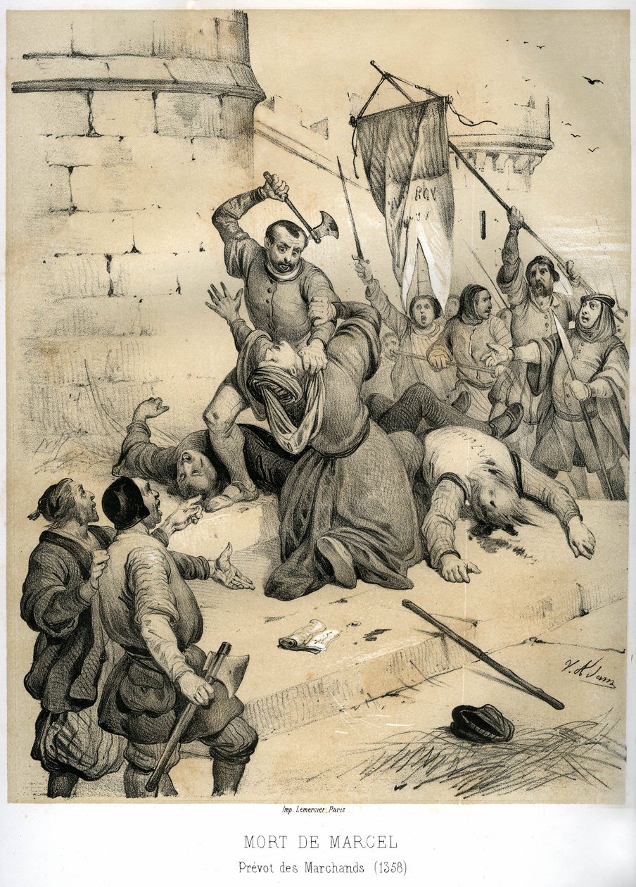 Etienne Marcelin, rikkaan drapierin ja prevot des merchantsin (1316-1358) murha heinäkuussa 1358, jonka teki echevin Jean Maillart, yksi rojalistipuolueen johtajista. Victor Adamin (1801-1866) kaiverrus kirjassa "France in the Middle Ages", joka julkaistii tekijältä Victor Adam