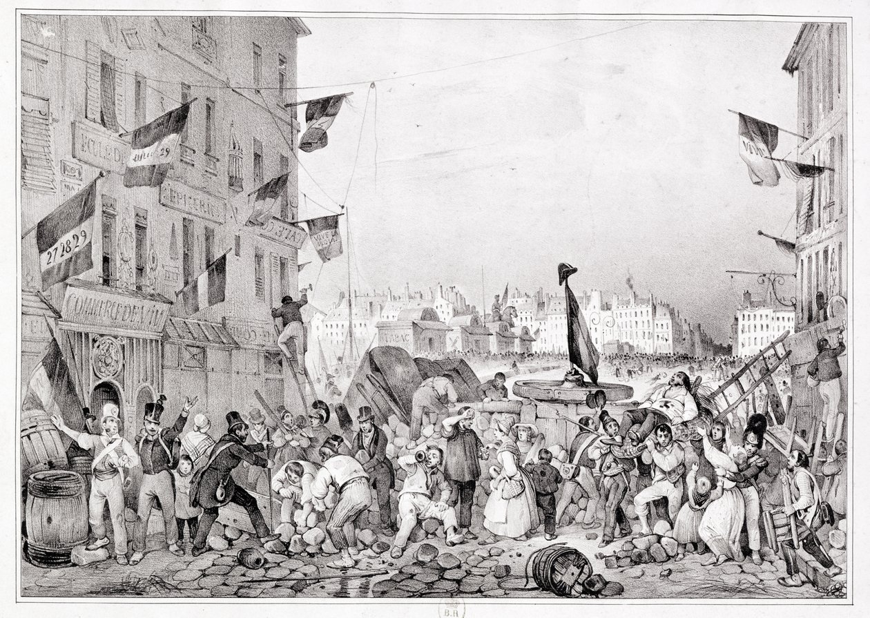 Barrikadi Rue Dauphine -kadulla, 29. heinäkuuta 1830, kaiverrus H. Delaporte tekijältä Victor Adam