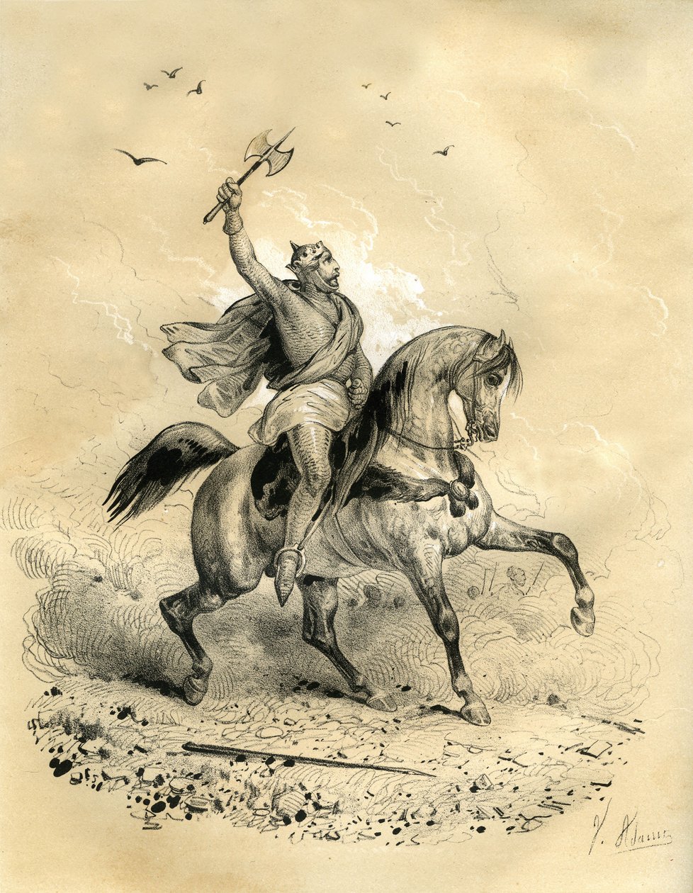 Kaarle Martel (688-741) voitti arabijoukot Poitiersissa vuonna 732. Victor Adamin (1801-1866) kaiverrus Ardantin veljesten 1800-luvun puolivälissä julkaisemassa kirjassa "Ranska keskiajalla". tekijältä Victor Adam