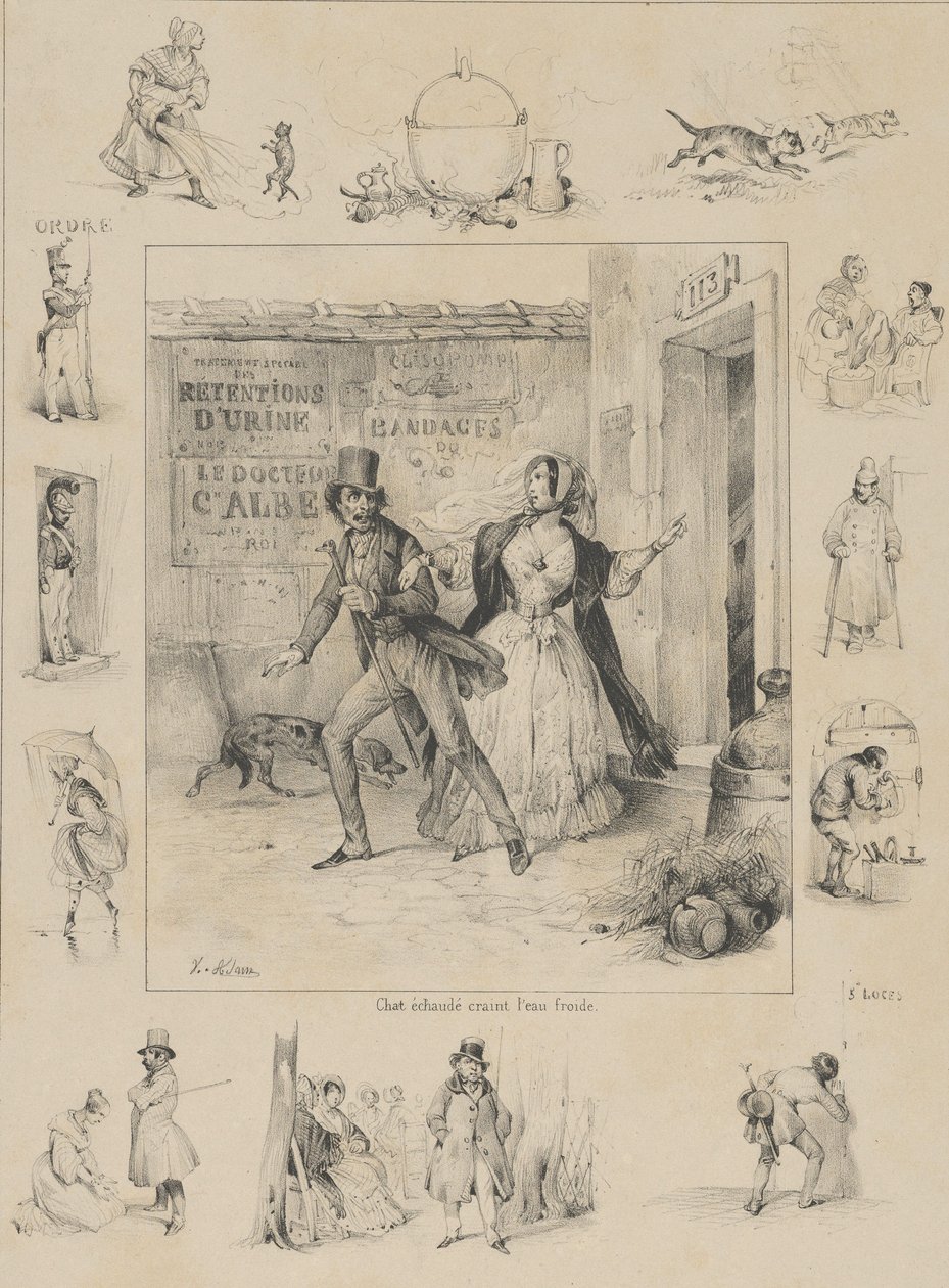 Poltettu kissa pelkää kylmää vettä, 1800-luku. tekijältä Victor Adam
