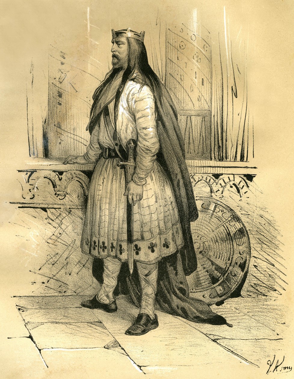 Clodion Hair, Salians Francsin johtaja noin vuodesta 428 kuolemaansa 447 asti, todennäköisesti Merovingien esi-isä. Victor Adamin (1801-1866) kaiverrus kirjassa "France in the Middle Ages", jonka Ardantin veljekset julkaisivat 1-luvun puolivälissä. tekijältä Victor Adam