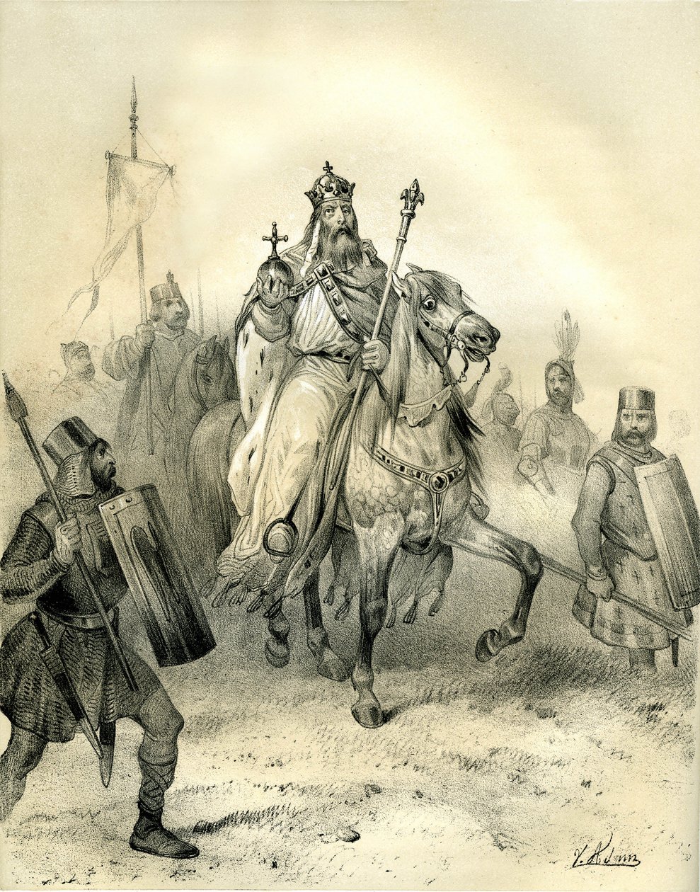 Keisari Kaarle Suuri ratsastaa joukkojensa kärjessä haarniskoihin pukeutuneiden sotilaidensa kanssa, joilla on vallan tunnukset. Victor Adamin (1801-1866) kaiverrus Ardantin veljesten 1800-luvun puolivälissä julkaisemassa kirjassa "Ranska keskiajalla". tekijältä Victor Adam