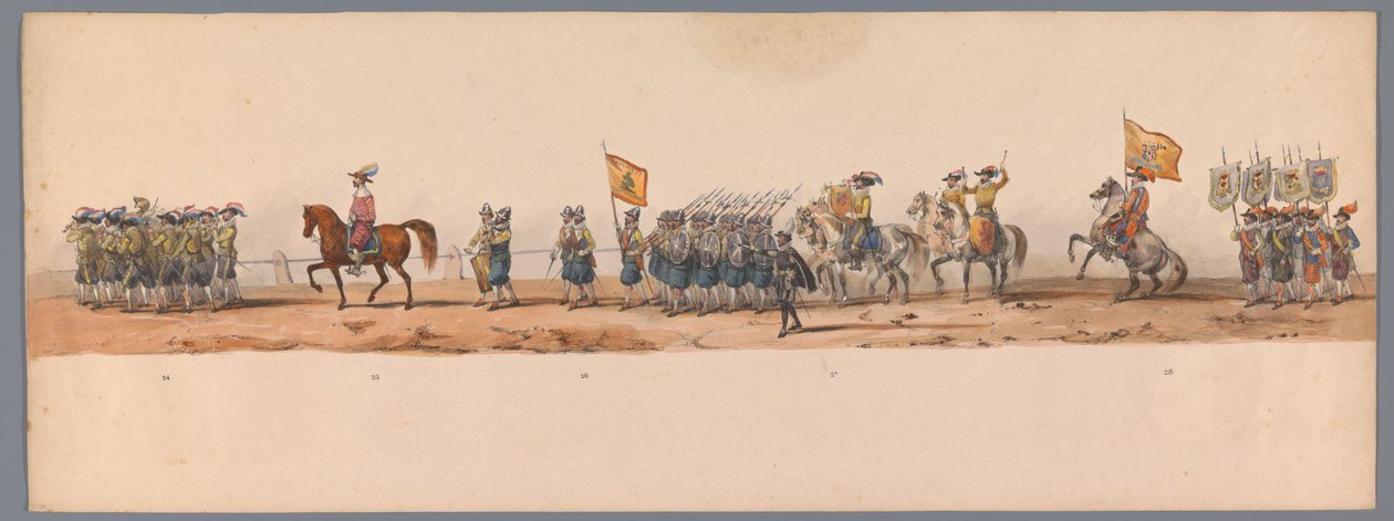 Historiallinen kulkue Utrechtin yliopiston toisen satavuotisjuhlan kunniaksi, 1836 (taulu 7) Hollannin armeijan marssi Ostendeen, 3. heinäkuuta 1600, Nieuwpoortin voiton jälkeisenä päivänä; H H Studentin pukuesityksen mukaan tekijältä Victor Adam