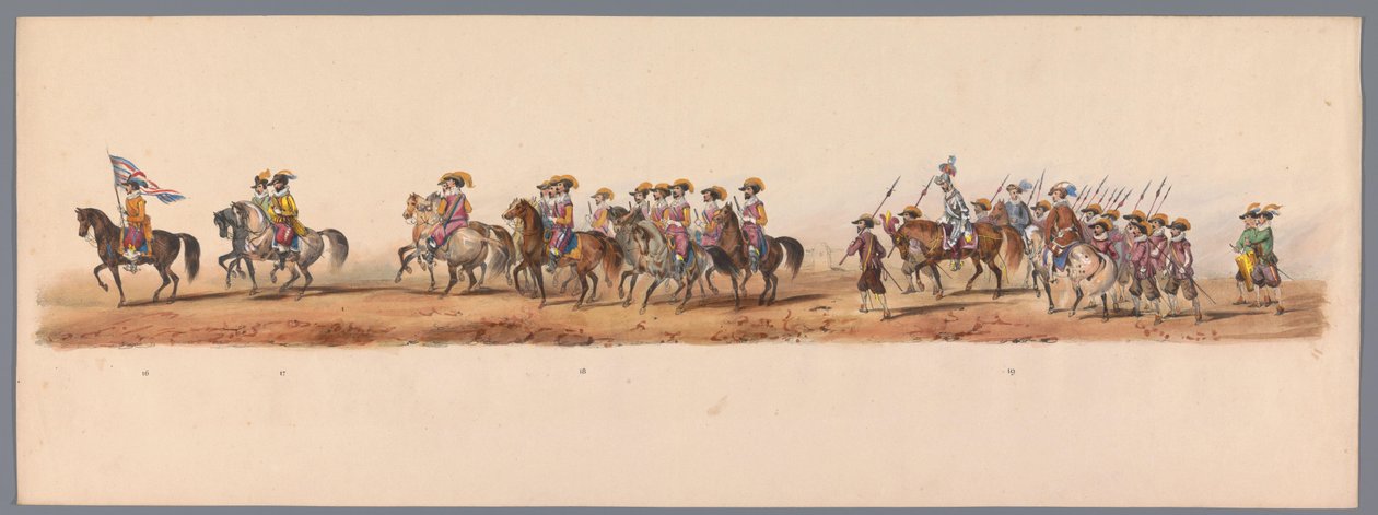 Historiallinen kulkue Utrechtin ammattikorkeakoulun toisen satavuotisjuhlan kunniaksi, 1836 (taulu 5) Hollannin armeijoiden lähestyminen Oostendeen, 3. heinäkuuta 1600, Nieuwpoortin voiton jälkeisenä päivänä; H H Studentin pukeutuneen esityksen mukaan tekijältä Victor Adam