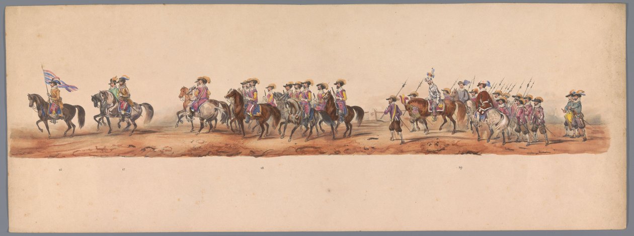 Historiallinen kulkue Utrechtin yliopiston toisella satavuotisjuhlassa, 1836 (taulu 5) Hollannin armeijan marssi Ostendeen, 3. heinäkuuta 1600, Nieuwpoortin voiton jälkeisenä päivänä; H H Studentin pukuesityksen mukaan tekijältä Victor Adam