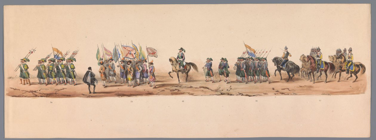 Historiallinen kulkue Utrechtin ammattikorkeakoulun toisen satavuotisjuhlan kunniaksi, 1836 (taulu 9) Hollannin armeijoiden lähestyminen Oostendeen, 3. heinäkuuta 1600, Nieuwpoortin voiton jälkeisenä päivänä; H H Studentin pukeutuneen esityksen mukaan tekijältä Victor Adam
