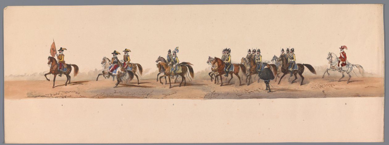 Historiallinen kulkue Utrechtin ammattikorkeakoulun toisen satavuotisjuhlan kunniaksi, 1836 (taulu 2) Hollannin armeijoiden lähestyminen Oostendeen, 3. heinäkuuta 1600, Nieuwpoortin voiton jälkeisenä päivänä; H H Studentin pukeutuneen esityksen mukaan tekijältä Victor Adam