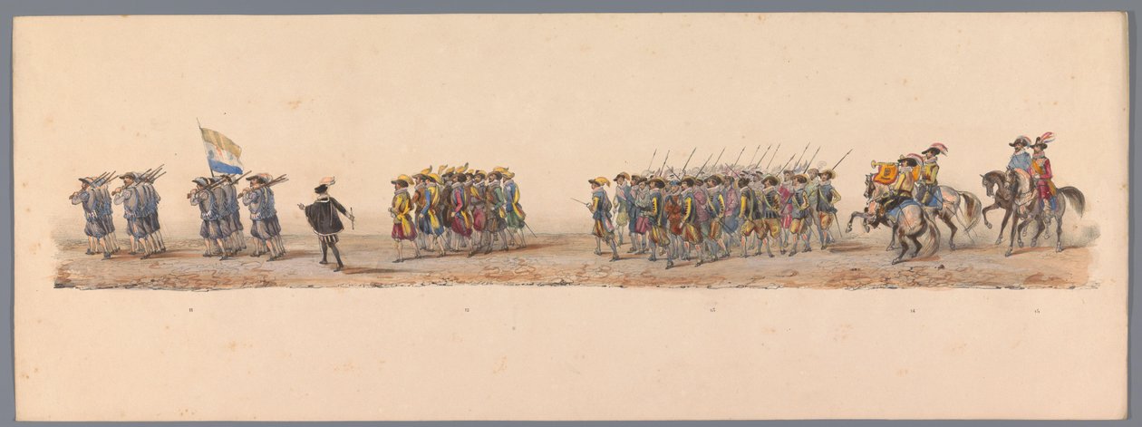 Historiallinen kulkue Utrechtin ammattikorkeakoulun toisen satavuotisjuhlan kunniaksi, 1836 (taulu 4) Hollannin armeijoiden lähestyminen Oostendeen, 3. heinäkuuta 1600, Nieuwpoortin voiton jälkeisenä päivänä; H H Studentin pukeutuneen esityksen mukaan tekijältä Victor Adam