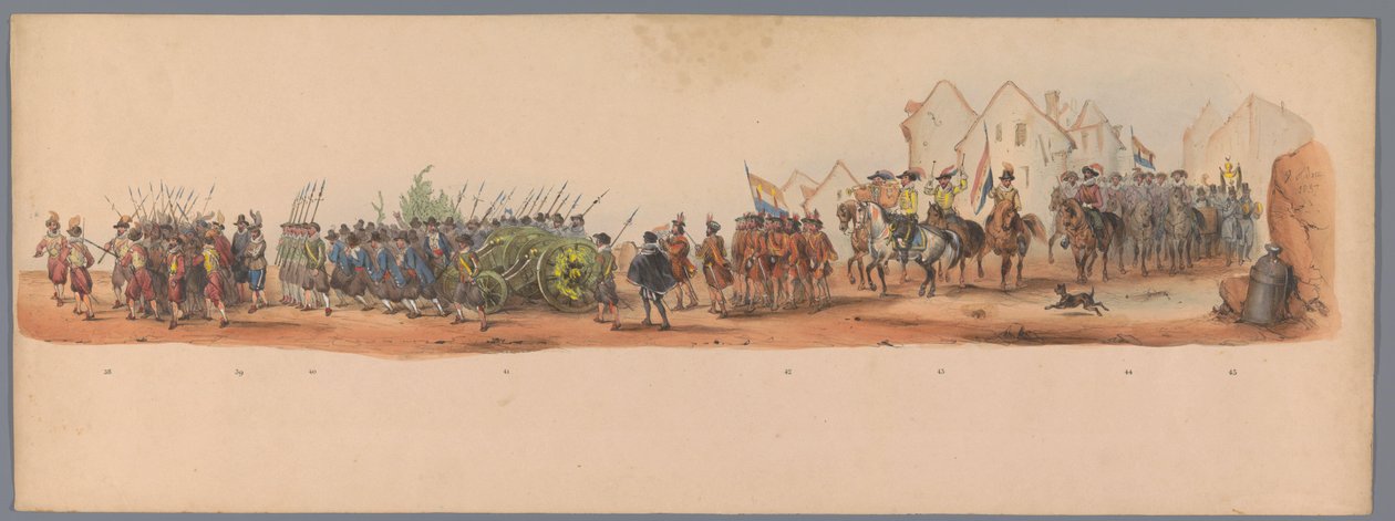 Historiallinen kulkue Utrechtin ammattikorkeakoulun toisen satavuotisjuhlan kunniaksi, 1836 (taulu 10) Hollannin armeijoiden lähestyminen Oostendeen, 3. heinäkuuta 1600, Nieuwpoortin voiton jälkeisenä päivänä; H H Studenin pukeutuneen esityksen mukaan tekijältä Victor Adam