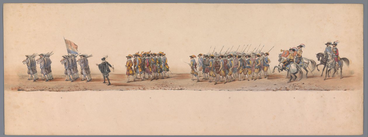 Historiallinen kulkue Utrechtin ammattikorkeakoulun toisen satavuotisjuhlan kunniaksi, 1836 (taulu 4) Hollannin armeijoiden lähestyminen Oostendeen, 3. heinäkuuta 1600, Nieuwpoortin voiton jälkeisenä päivänä; H H Studentin pukeutuneen esityksen mukaan tekijältä Victor Adam