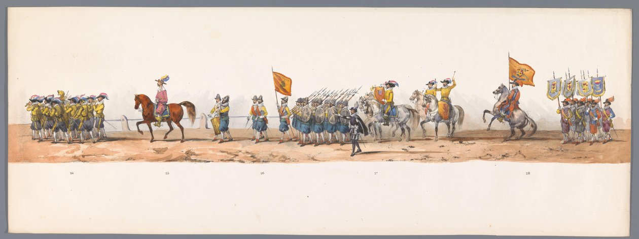 Historiallinen kulkue Utrechtin ammattikorkeakoulun toisen satavuotisjuhlan kunniaksi, 1836 (taulu 7) Hollannin armeijoiden lähestyminen Oostendeen, 3. heinäkuuta 1600, Nieuwpoortin voiton jälkeisenä päivänä; H H Studentin pukeutuneen esityksen mukaan tekijältä Victor Adam