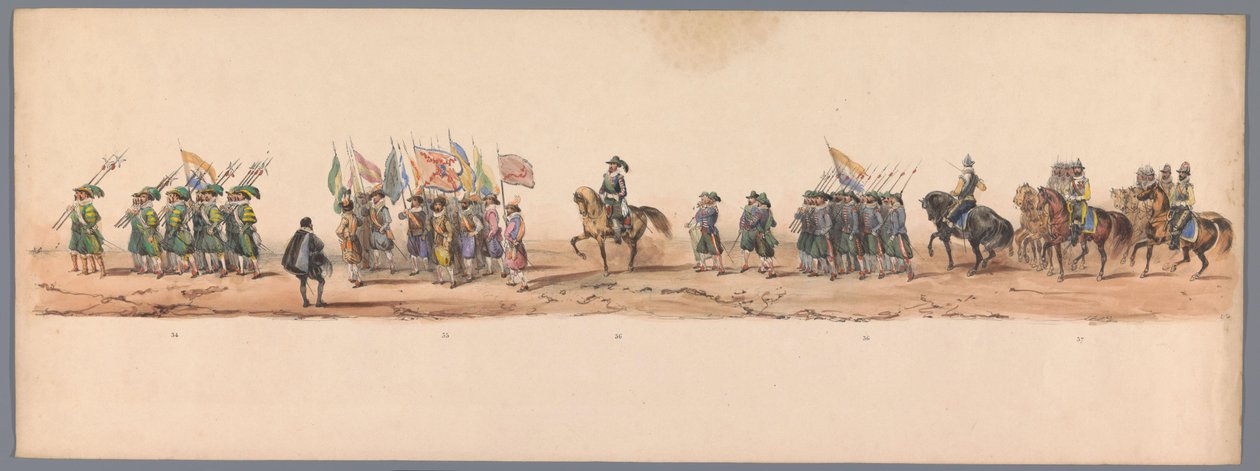 Historiallinen kulkue Utrechtin ammattikorkeakoulun toisen satavuotisjuhlan kunniaksi, 1836 (taulu 9) Hollannin armeijoiden lähestyminen Oostendeen, 3. heinäkuuta 1600, Nieuwpoortin voiton jälkeisenä päivänä; H H Studentin pukeutuneen esityksen mukaan tekijältä Victor Adam