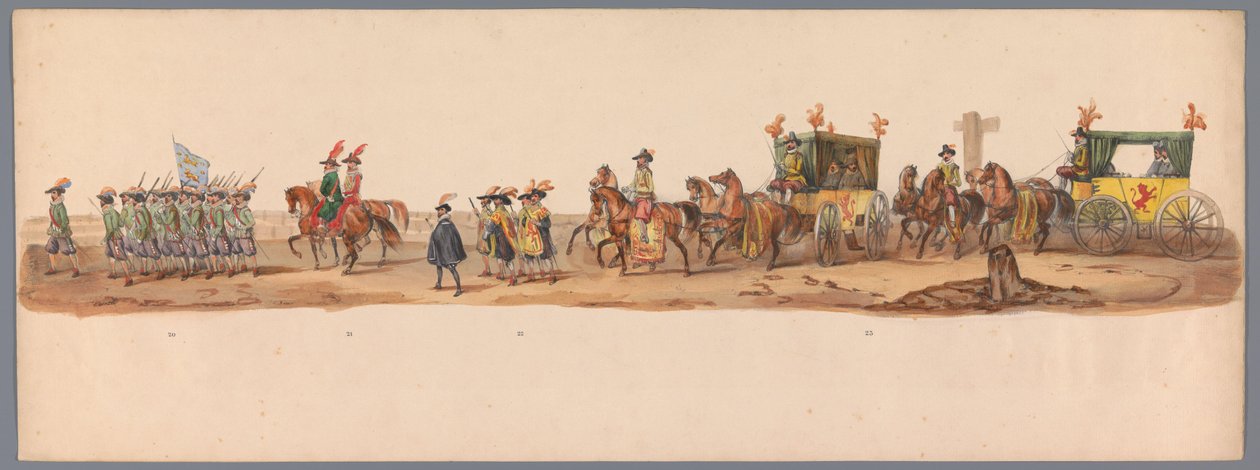 Historiallinen kulkue Utrechtin ammattikorkeakoulun toisella satavuotisjuhlassa, 1836 (taulu 6) Hollannin armeijoiden lähestyminen Oostendeen, 3. heinäkuuta 1600, Nieuwpoortin voiton jälkeisenä päivänä; H H Studentin pukeutuneen esityksen mukaan tekijältä Victor Adam