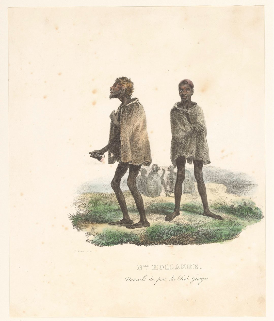 King George Soundin asukkaiden vaatteet (Länsi-Australia) Nlle. Hollande. Naturals du port du Roi Georges (otsikko esineessä) Exploration of the Astrolabe (sarjan nimi) Voyage de découvertes de l