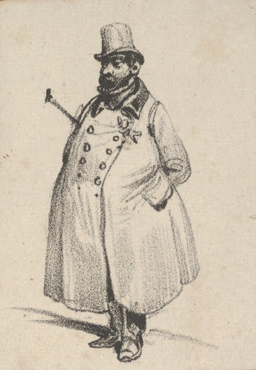 Mies yllään takki ja hattu, keppi kainalossa, 1800-luvun puoliväli. tekijältä Victor Adam