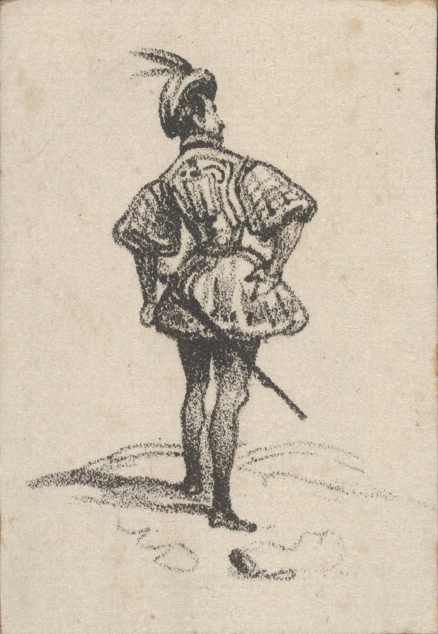 Mies, jolla on miekka ja höyhenhattu, takaa katsottuna, 1800-luvun puoliväli. tekijältä Victor Adam