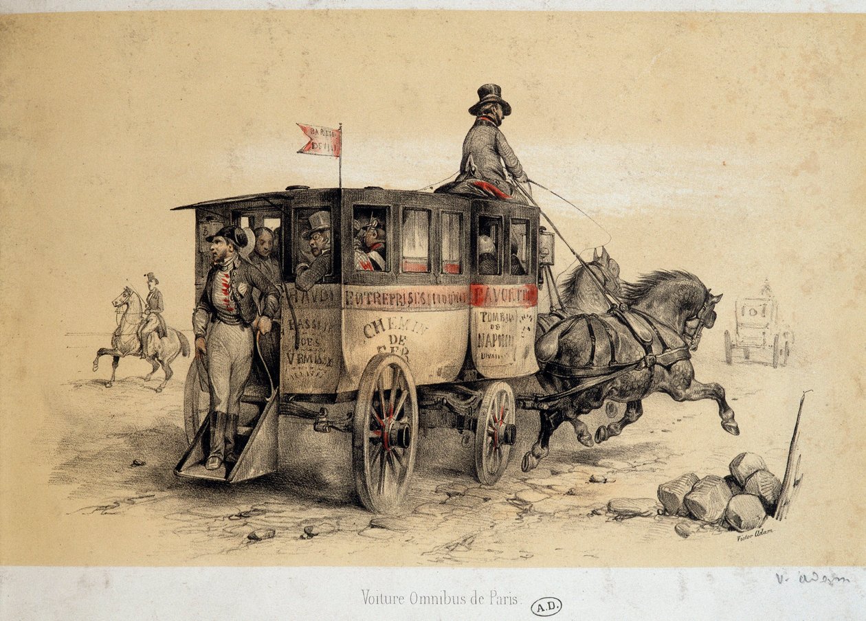 Pariisin omnibus-auto - Adamin litografia, n. 1840 tekijältä Victor Adam