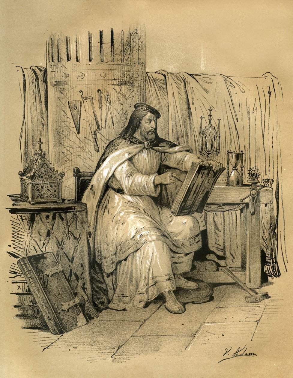 Saint Eloi (v.588-660) frankkien kuninkaan Dagobert I:n kultaseppä ja tresorier, sitten Noyonin eveikki vuodesta 641 kuolemaansa saakka. Victor Adamin (1801-1866) kaiverrus kirjassa "France in the Middle Ages", jonka Ardantin veljekset julkaisivat keskiaja tekijältä Victor Adam
