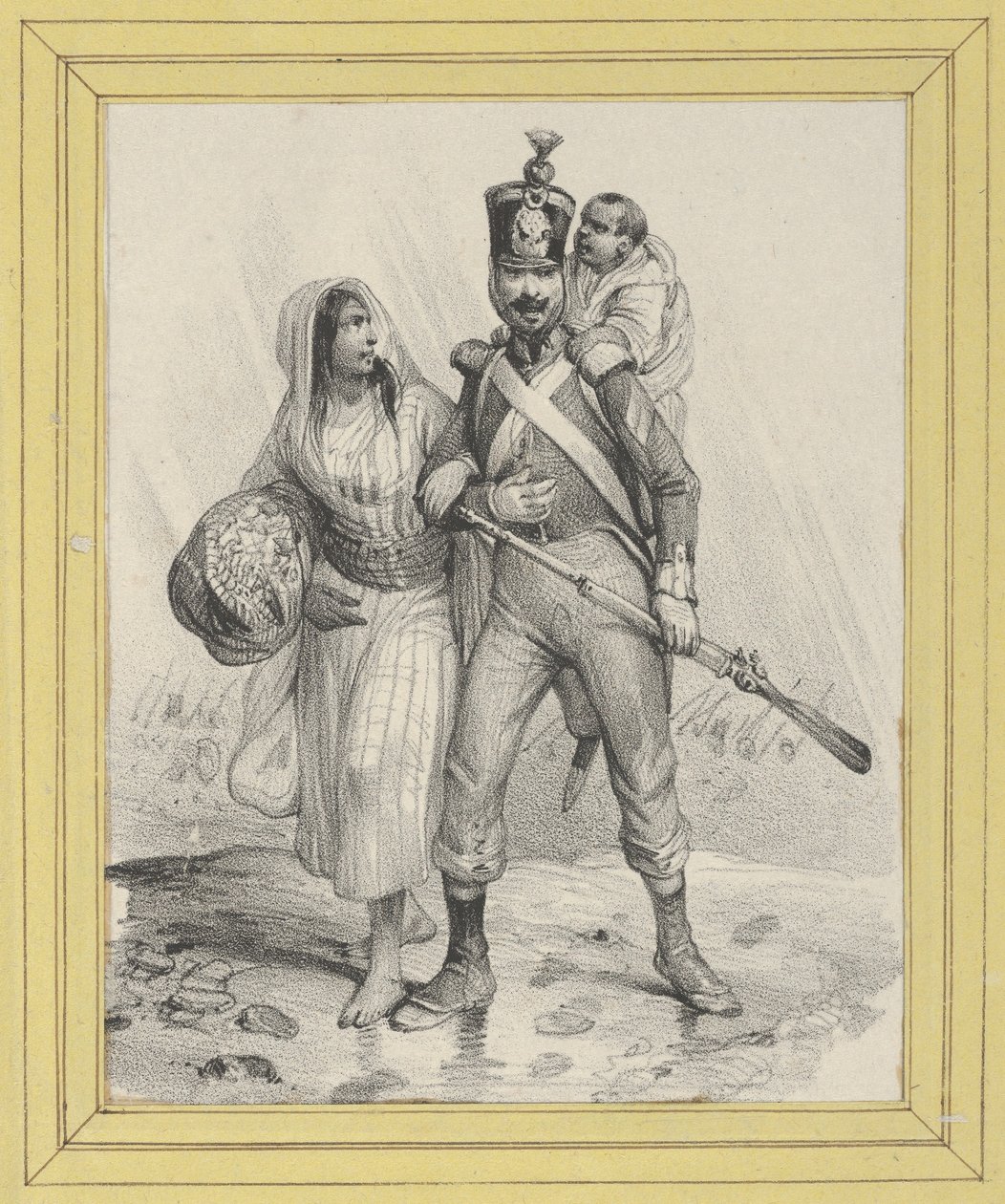 Soldat mit einer Frau am Arm und einem Kind auf dem Rücken tekijältä Victor Adam