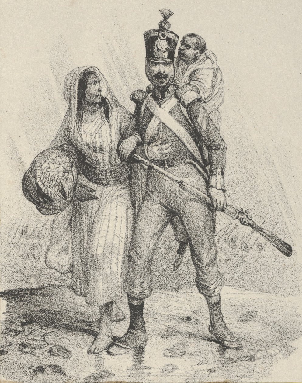 Sotilas nainen kädessään ja lapsi selässä, 1800-luvun puoliväli. tekijältä Victor Adam