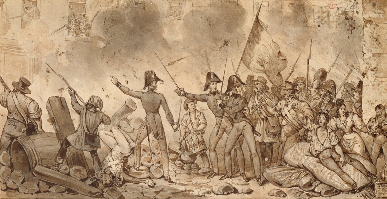Rue de Babylonen kasarmin valtaaminen, 29. heinäkuuta 1830 (piirustus) tekijältä Victor Adam