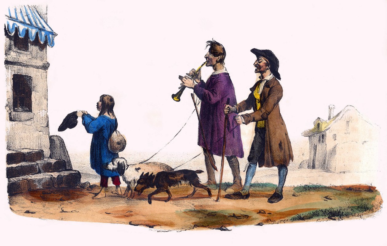 Kaksi sokeaa koirien johdolla ja kerjäläislapsi. Albumissa Grotesque, Choices of Outstanding Types, kuvituksia Victor Adam, Pariisi, noin 1850. tekijältä Victor Adam