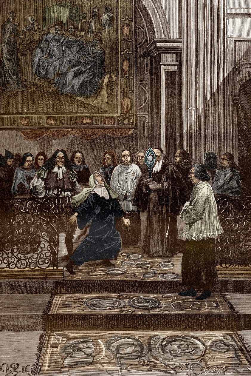 Affaire des possedes de Loudun (Demons de Loudun) noin 1630: "Chinonin papin Pierre Barren ursuliinalaisen luostarin riivatun äidin karkotus "Loudun the Possessions" -tapahtuman jälkeen, esimerkki Loudun hallussapidosta. tekijältä Victor Armand Poirson