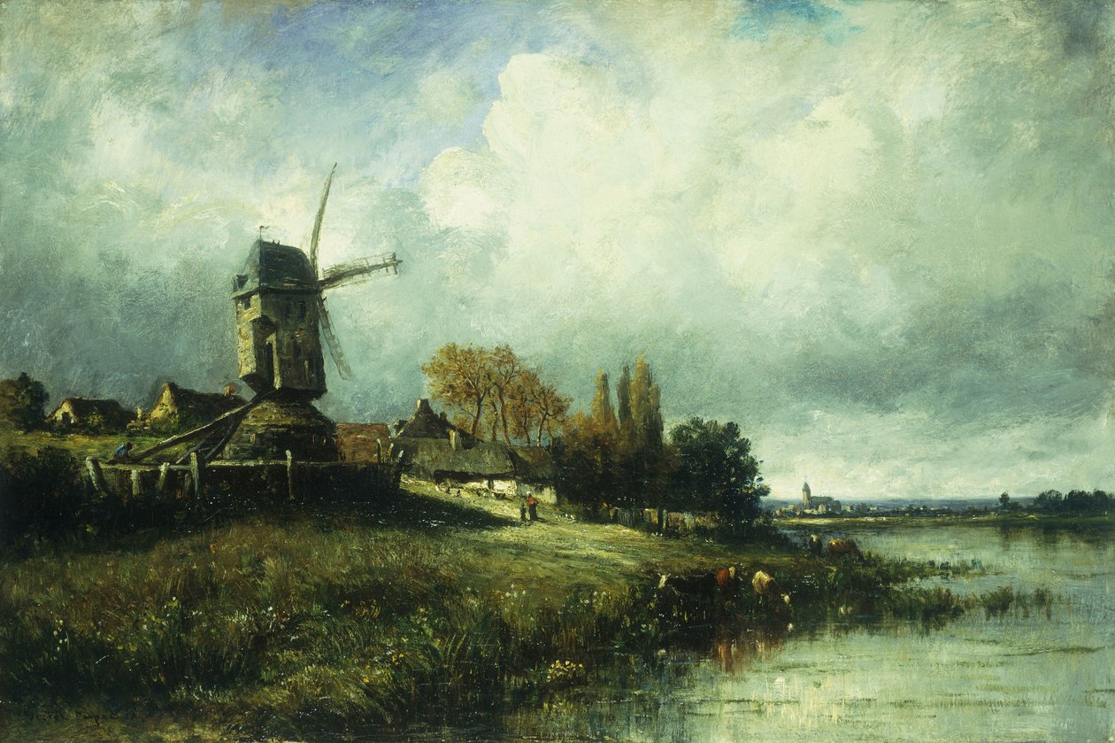 Jokimaisema tuulimyllyllä, 1870 tekijältä Leon Victor Dupre
