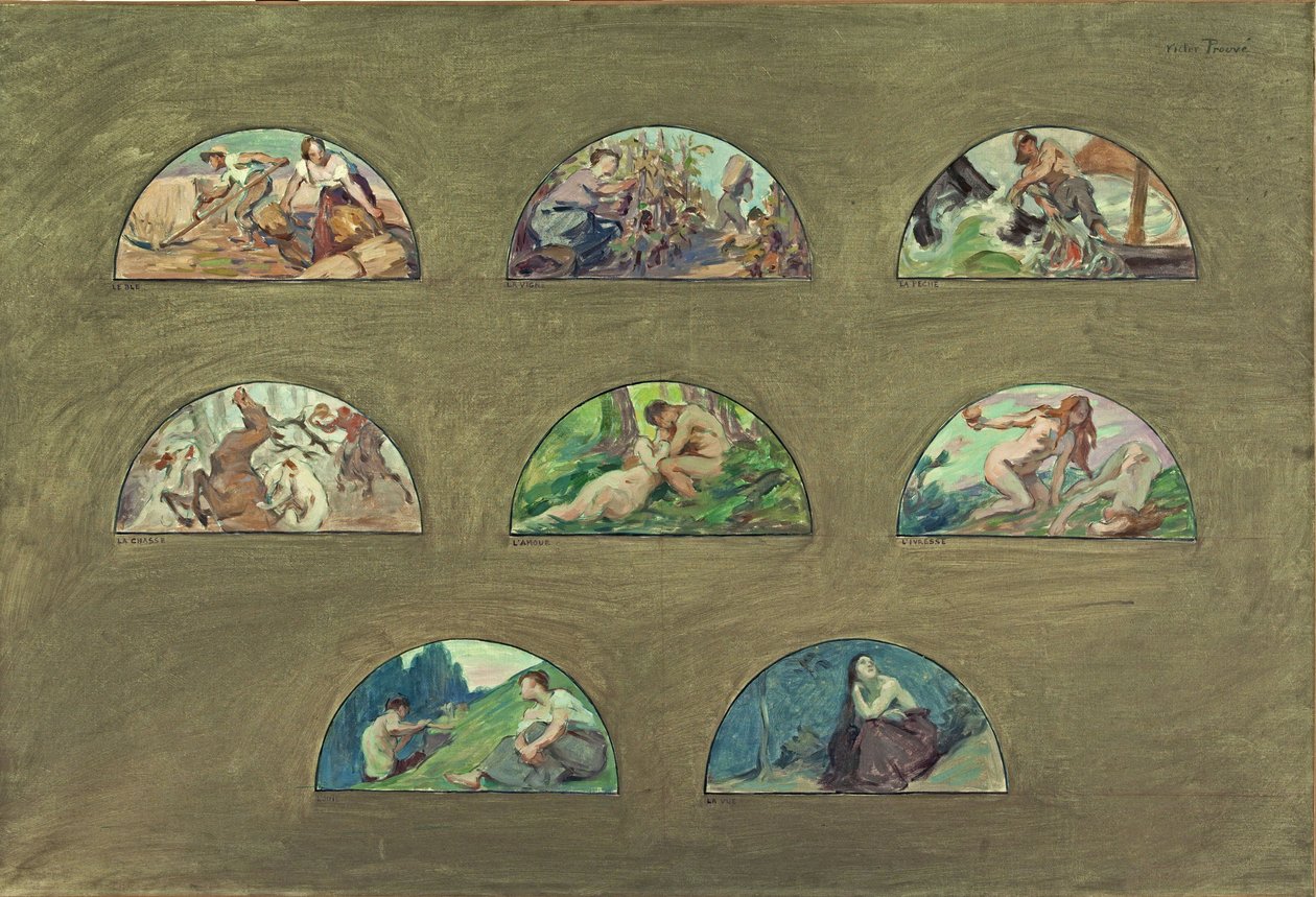 Luonnos Hôtel de Villen ruokasalista Pariisissa: Les nourritures - Les plaisirs - Les sens (puoliympyrän muotoiset kehykset), vuosina 1891-1892 (öljy kankaalle). tekijältä Victor Emile Prouve