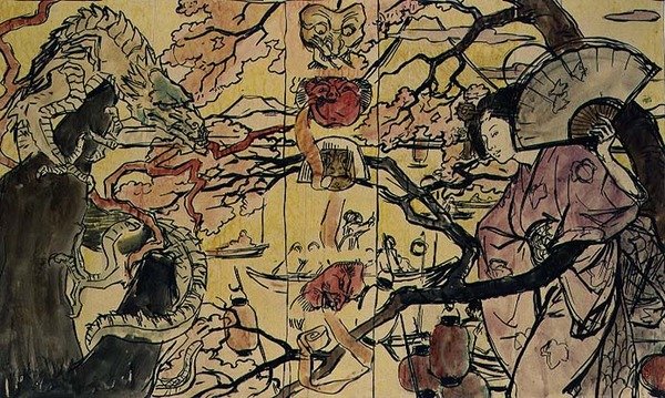 Luonnos kirjan sidonnasta japanilaisesta taiteesta (akvarelli paperille) tekijältä Victor Emile Prouve