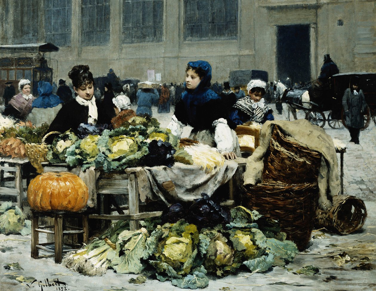 Vihanneskioski, Les Halles Centrales, Pariisi, 1878 tekijältä Victor Gabriel Gilbert